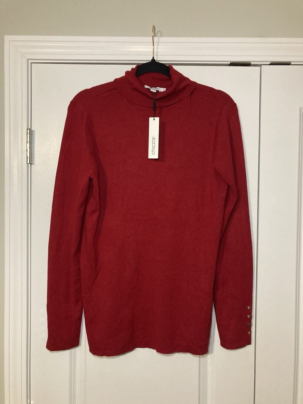 Chico's Ella Button Cuff Turtleneck Sweater Size 2 L Red Allure Ribbed Preppy